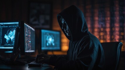 Dark Figure in the Network: Hooded Hacker Breaches Data Servers - obrazy, fototapety, plakaty