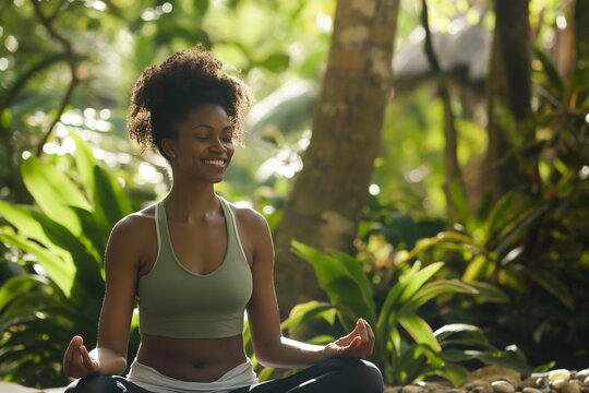 A smiling young woman practices yoga amidst lush greenery, surrounded by trees and sunlight, portraying peace and serenity.
