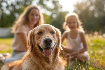 Happy family playing with happy golden retriever dog on the backyard lawn.