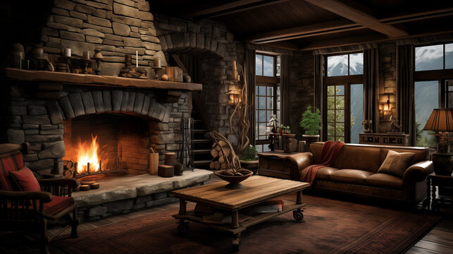 Maison rustique avec un large parquet en bois sombre et une chemin&eacute;e en pierre de style rustique.