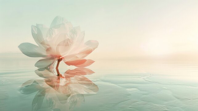 A tranquil scene with a composite image of a lotus flower blooming above calm waters against a soft pastel sunset.