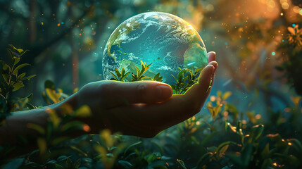 A hand holding a globe with green leaves surrounding it. Concept of protecting the environment and the importance of taking care of the planet - obrazy, fototapety, plakaty