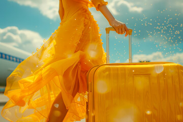 Woman carrying her yellow suitcase along the airport runway, her yellow dress is fluttering - Powered by Adobe