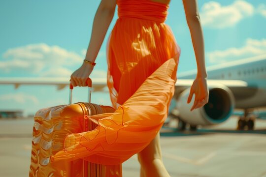 Woman carrying her orange suitcase along the airport runway, her orange dress is fluttering