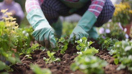 Naklejka premium Person Wearing Gloves Plants in Garden