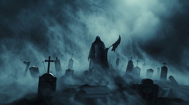 Grim Reapers and Tombstones Create a pattern featuring grim reapers holding scythes and looming over rows of tombstones Add eerie mist and swirling fog for a haunting atmosphere , 3D render