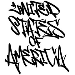 UNITED STATES OF AMERICA letter the country name on the world digital illustration graffiti handstyle signature symbol tags painting with black and white color