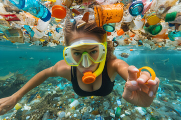 Beautiful young woman swimming dives underwater in ocean or sea full of plastic trash and garbage. Plastic environmental pollution concept. 