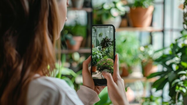 Woman Capturing Potted Plant With Camera
