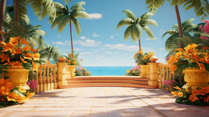 3D podium in yellow, tropical island setting, colorful flowers, palm trees, clear, sunny day