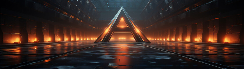 Visualize a sinister laboratory filled with glowing geometric patterns on the walls and floors