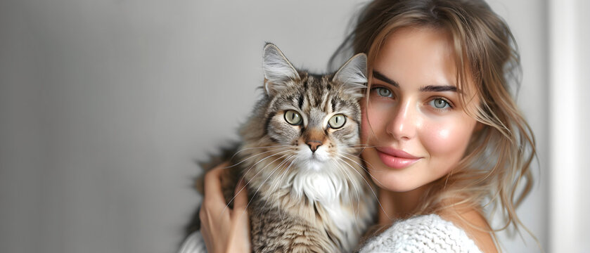 Cat sitter. Portrait of beautiful young woman with long hair and maine coon cat.