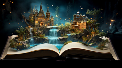 A fantastical realm of floating islands and mystical creatures emerging from the pages of an open book filled with fairy tale wonders © Fareedoh