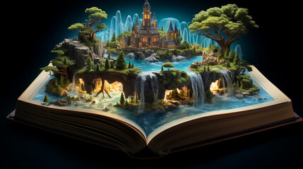 A fantastical realm of floating islands and mystical creatures emerging from the pages of an open book filled with fairy tale wonders © Fareedoh