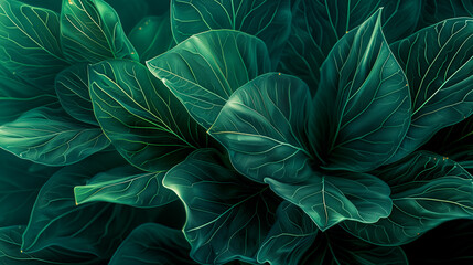 ethereal close-up view of leaves with a luminous network of veins in shades of green for background.