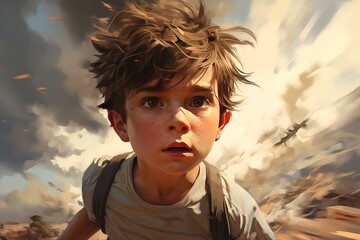 Portrait of a boy with and intense expression with moving clouds in background