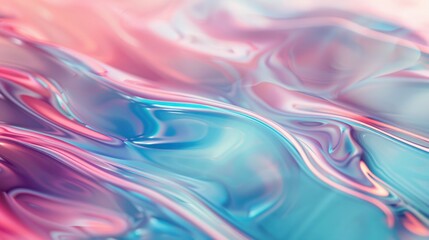 Abstract wavy background with smooth blend of pink and blue hues, resembling liquid or holographic material with a silky texture.
