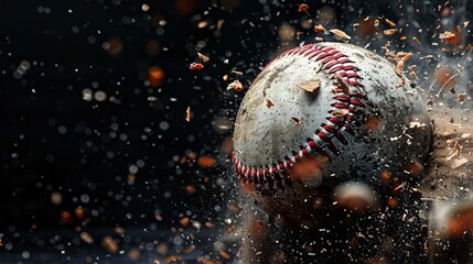 Baseball ball with a shattered effect pieces hanging in suspense against a black background copyspace to the side