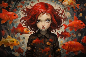 Redheaded young girl surrounded by goldfish