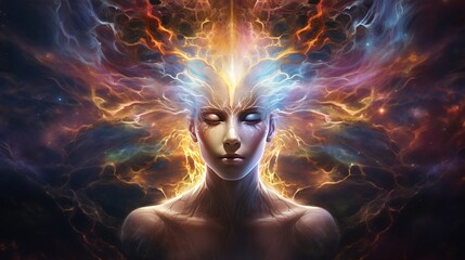 Transcendental meditation concept. A female figure with bright waves of light coming out of her head. - obrazy, fototapety, plakaty