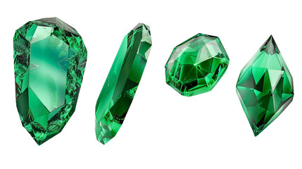 emerald digital art collection featuring high-quality 3D gemstones isolated on a transparent background, perfect for luxurious jewelry designs and elegant decorative projects.