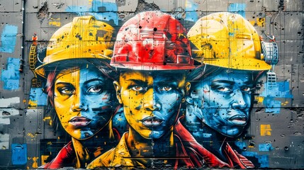 Vibrant street art mural depicting three individuals with hard hats, symbolizing strength,...