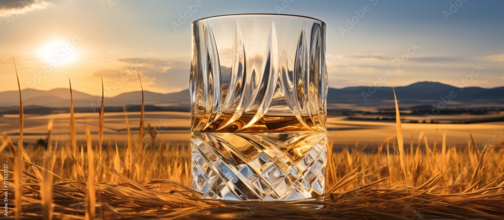 Canvas Prints A glass of whiskey rests on a wooden table in a field of wheat under a cloudy sky, surrounded by the natural landscape. The liquid drinkware contrasts with the soft clouds above