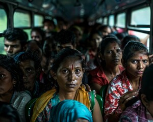 Crowded bus ride at daybreak, faces of the working poor, resilience rides
