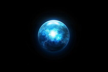 Blue sphere emitting a vibrant spark suspended in mystery against a black background copyspace adjacent