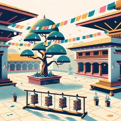 illustration of a peaceful courtyard within a Nepali temple, featuring a Bodhi tree with fluttering prayer flags and colorful prayer wheels.
 - obrazy, fototapety, plakaty