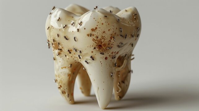 An unsettling scene unfolds as tiny insects crawl over a decayed tooth against a stark white backdrop.