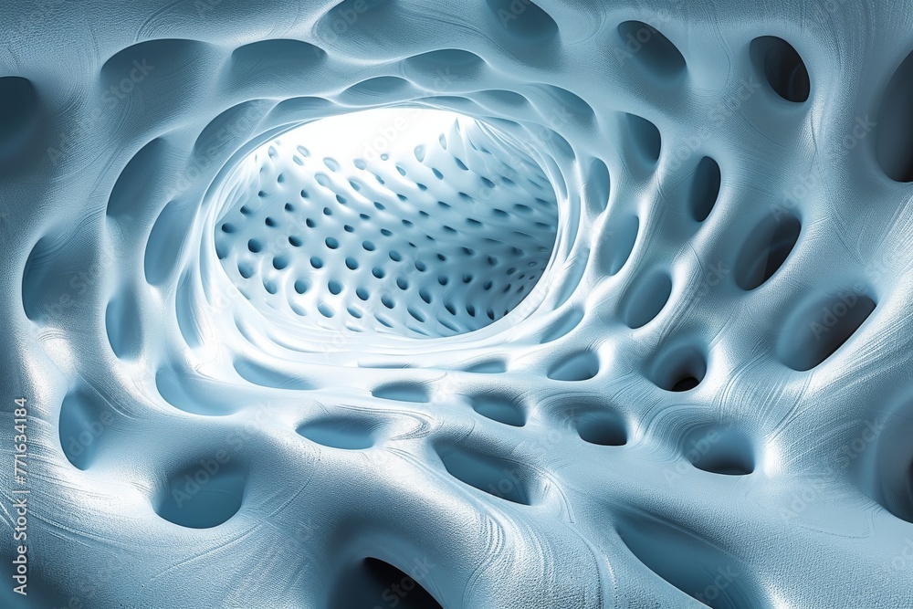 Poster an abstract 3d rendering of organic shapes creating a surreal tunnel-like structure with a light at 