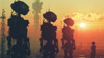 Fototapeta na wymiar Three robots stand in front of a city skyline, with a person standing in front of them. The robots are tall and metallic, and the cityscape is illuminated by the setting sun