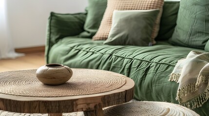 
Close up of green sofa with pillows and rustic round coffee table near it. Boho, farmhouse home interior design of modern living room. - obrazy, fototapety, plakaty