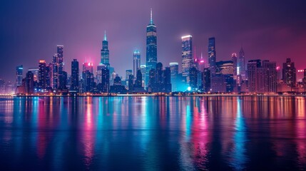 Fototapeta premium A city skyline is reflected in the water. The city is lit up with neon lights, creating a vibrant and lively atmosphere. The reflection of the city in the water adds a sense of depth