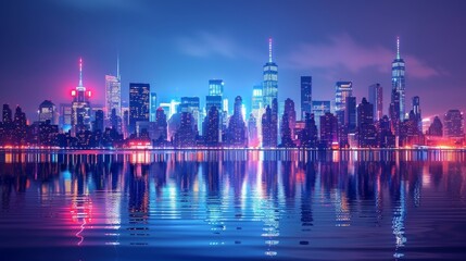 A city skyline is reflected in the water. The city is lit up at night, creating a beautiful and serene atmosphere - obrazy, fototapety, plakaty
