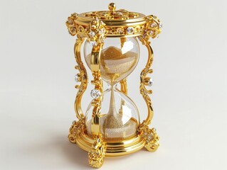 The hourglass sparkled with golden light, its swirling sand dancing against a backdrop of pure white serenity.