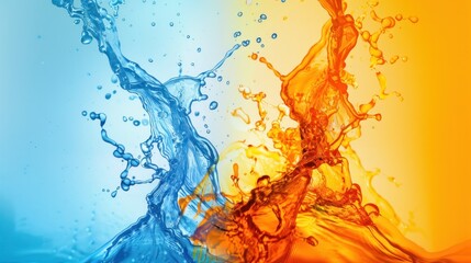 Two streams of liquid, one blue and one orange, dynamically splashing against each other against a...