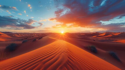A desert scene with a sun setting in the background. The sky is filled with clouds, and the sun is shining brightly. The scene is peaceful and serene - obrazy, fototapety, plakaty
