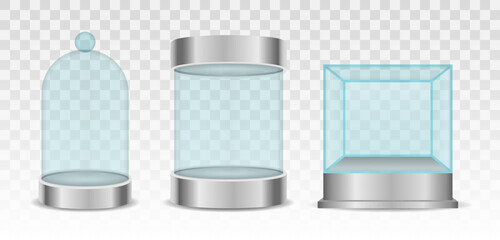 Round empty glass showcase for exhibition with a pedestal. Transparent crystal cube and cylinder empty showcases. Glass box cylinder. Vector illustration, - obrazy, fototapety, plakaty