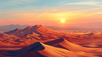 Foto op Canvas A desert landscape with a sun setting in the background. The sky is orange and the sun is setting behind the mountains © Rattanathip