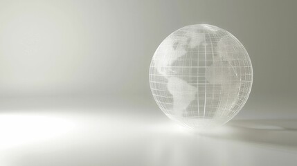 Intricate wireframe globe illuminated from within, minimalist elegance on white.