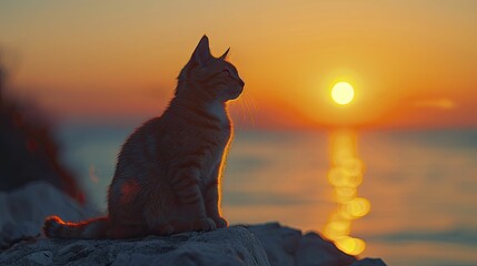 Obraz premium Captivating minimalist portrayal: Cat silhouette, sunset gaze, white backdrop - serene simplicity in art.