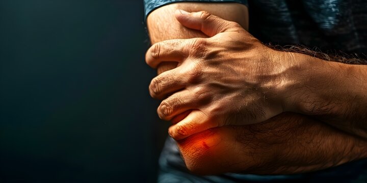 Inflamed lump on mans elbow likely olecranon bursitis from trauma or repetitive strain. Concept Medical condition, Treatment options, Preventive measures, Causes and risk factors