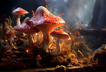 Magic psychedelic mushrooms in the magic fairy forest. Wonder psy woodland Generative AI fantasy - 771635144
