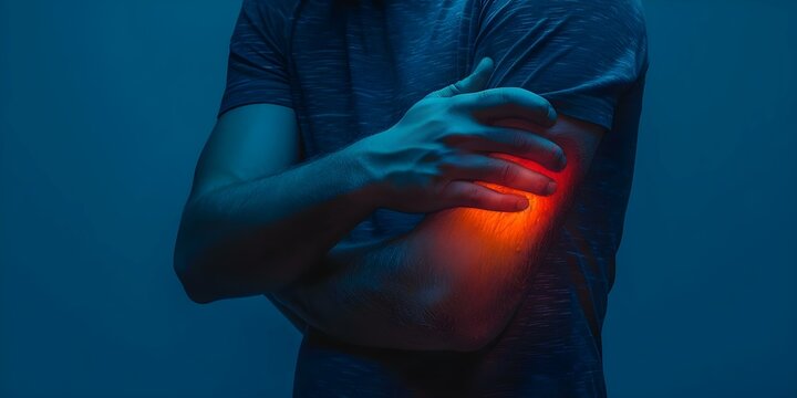 Closeup photo of a mans elbow with a swollen red lump likely olecranon bursitis caused by trauma or repetitive injuries. Concept Medical Condition, Olecranon Bursitis, Elbow Swelling, Trauma