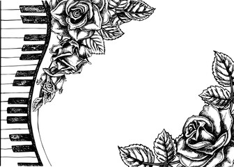 A frame with musical piano keys decorated with roses, a graphic vector black and white illustration for posters, flyers, greeting cards and invitation cards. For posters, banners and postcards.