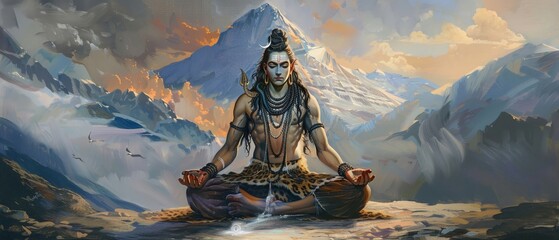 Shiva in meditation on Mount Kailash with the Ganga flowing from his matted hair embodying destruction and renewal