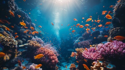 A colorful coral reef with many fish swimming around. The fish are orange and the water is blue