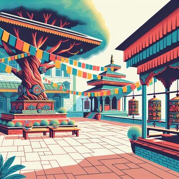 illustration of a peaceful courtyard within a Nepali temple, featuring a Bodhi tree with fluttering prayer flags and colorful prayer wheels.
